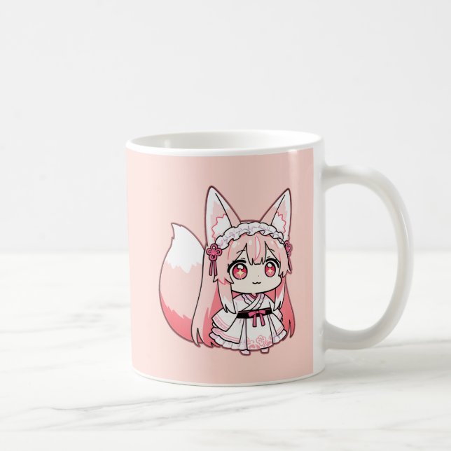 Pastel Pink Chibi Fox Girl  Coffee Mug Kaffemugg (Höger)