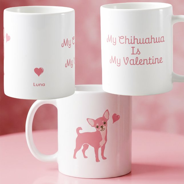 Pastel Pink Chihuahua Valentine Mug, Custom Name Kaffemugg (Skapare uppladdad)