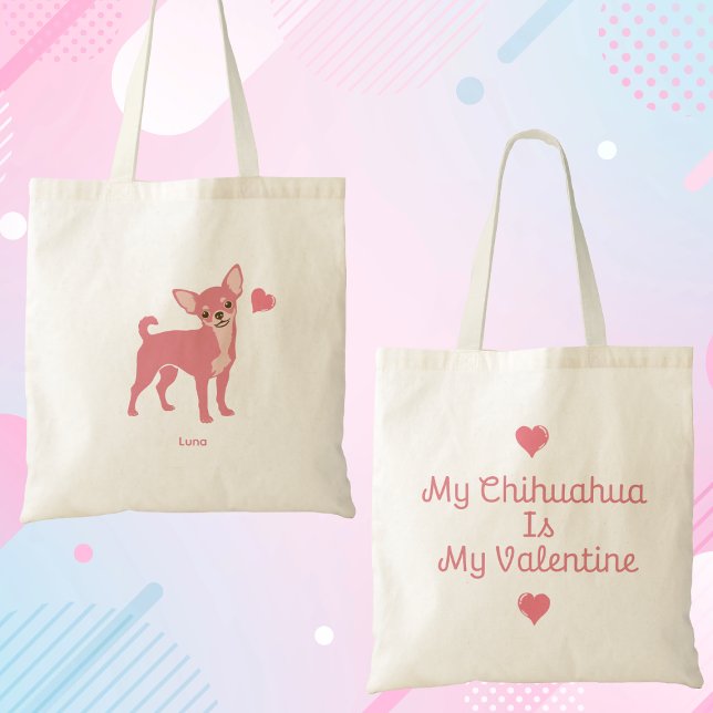 Pastel Pink Chihuahua Valentine Tote, Custom Name Tygkasse (Skapare uppladdad)
