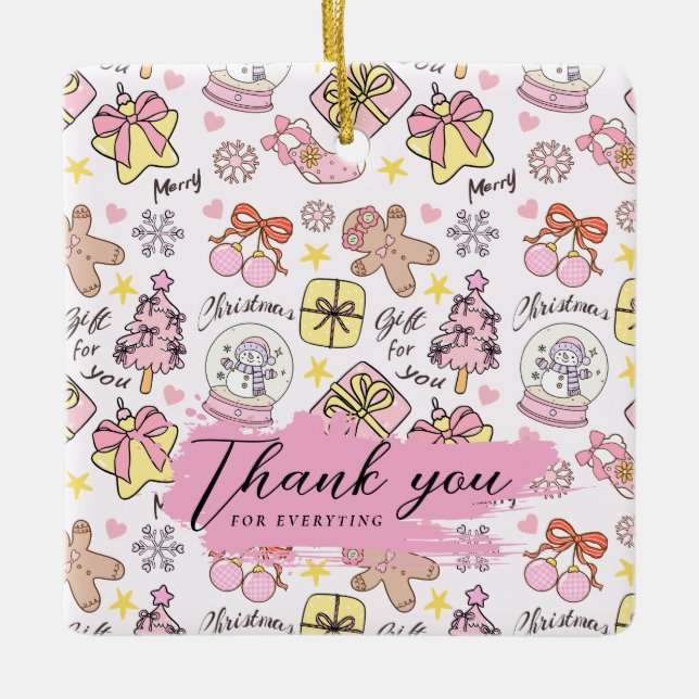 Pastel Pink Christmas Pattern with Custom Text Julgransprydnad Keramik (Framsida)