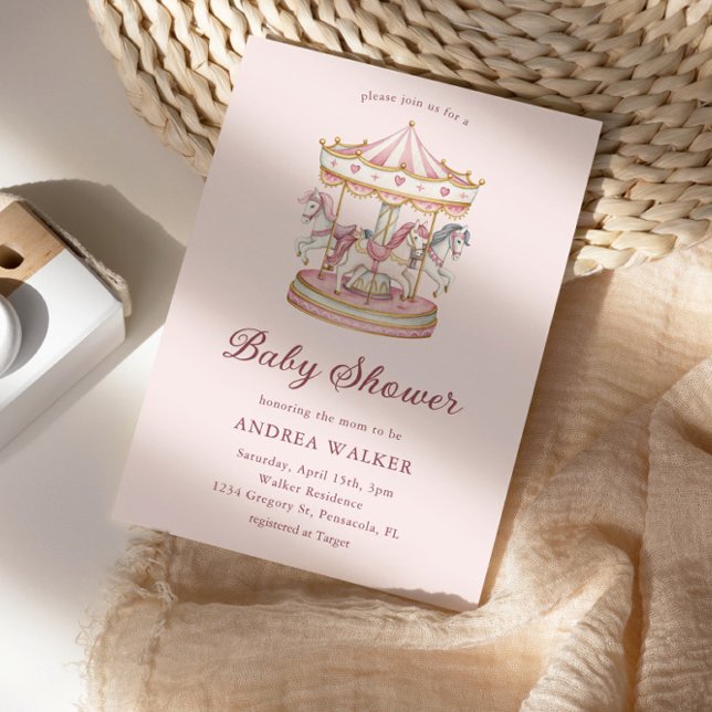 Pastel Pink Cute Carousel Girl Baby Shower Inbjudningar (Skapare uppladdad)