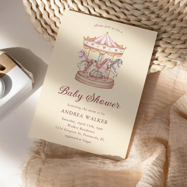Pastel Pink Cute Carousel Girl Baby Shower Inbjudningar (Skapare uppladdad)