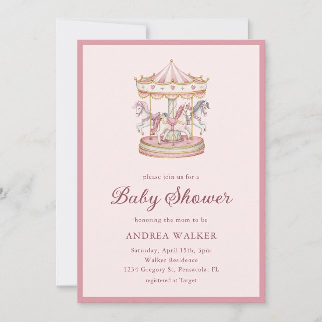 Pastel Pink Cute Carousel Girl Baby Shower Inbjudningar (Framsida)