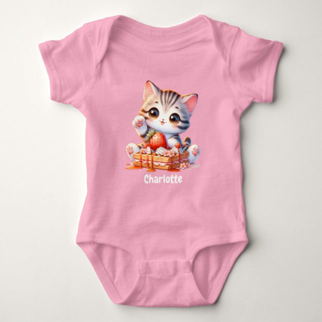 Pastel Pink Cute Kitten Cat with Dessert Waffles T Shirt (Framsida)