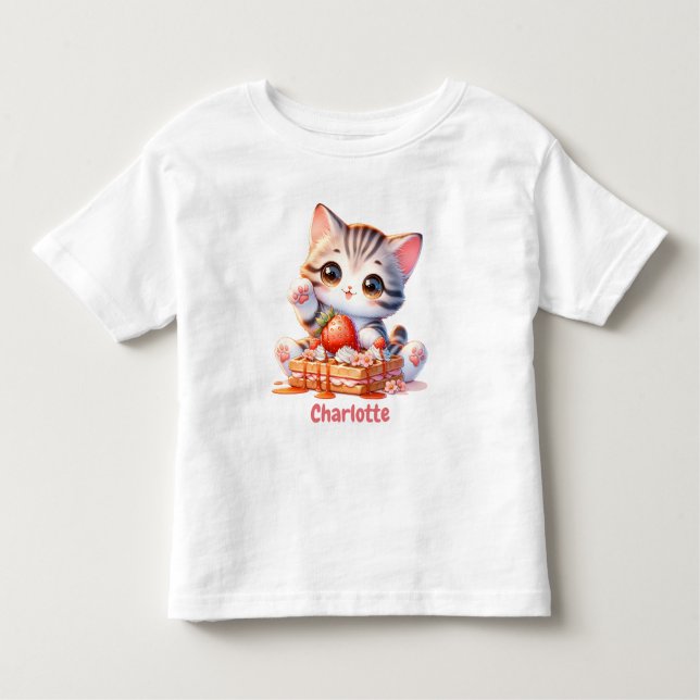 Pastel Pink Cute Kitten with Dessert Waffles T Shirt (Framsida)