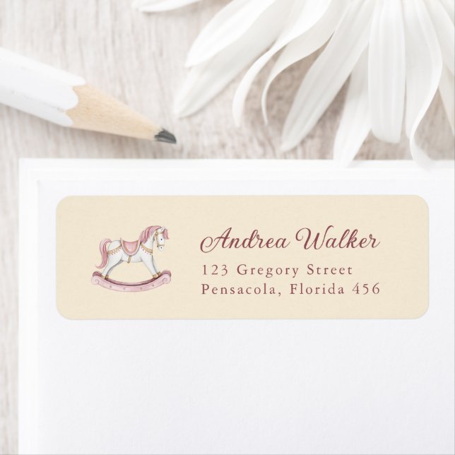 Pastel Pink Cute Rocking Horse Girl Baby Shower Returadress Etikett (Insitu)
