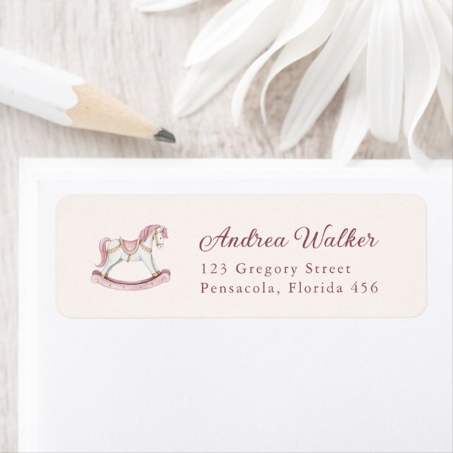 Pastel Pink Cute Rocking Horse Girl Baby Shower Returadress Etikett (Insitu)