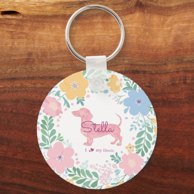 Pastel Pink Dachshund Name & Photo with Wreath Nyckelring (Framsida)