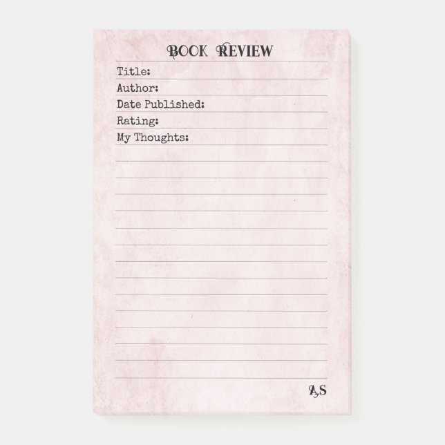 Pastel Pink Elegant Simple Monogram Book Review  Post-it Block (Framsida)