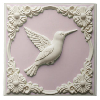 Pastel pink faux relief Art Nouveau Hummingbird Kakelplatta