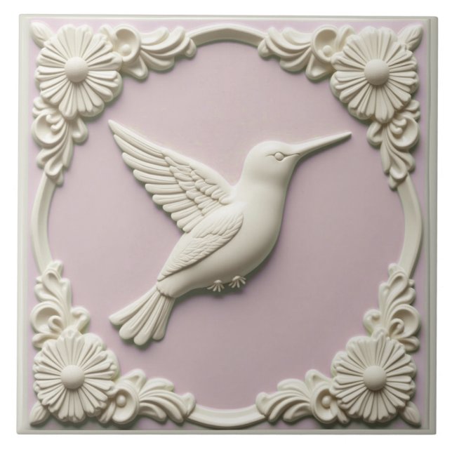 Pastel pink faux relief Art Nouveau Hummingbird  Kakelplatta (Framsidan)