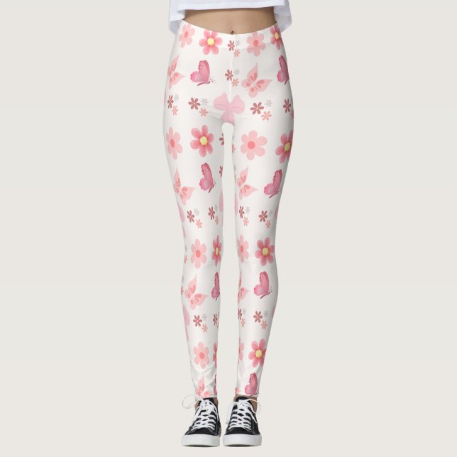 Pastel Pink Floral & Butterfly Pattern Leggings (Framsida)