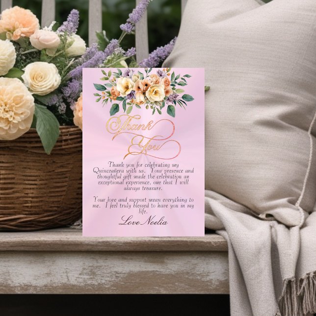 Pastel Pink - Floral & Silver Tiara Quinceanera Tack Kort (Skapare uppladdad)