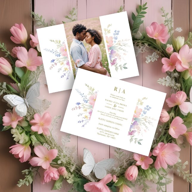 Pastel Pink Flowers Greenery Elegant Spring Photo Inbjudningar (Pastel Pink Flowers & Greenery Elegant Spring Photo Wedding Invitations Cards. )