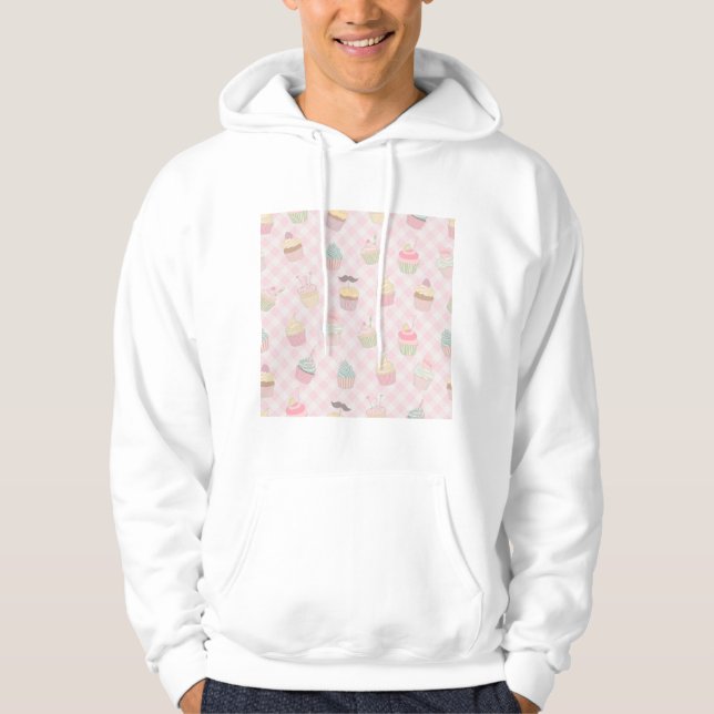 Pastel Pink Gingham Cute Cupcakes Pattern Hoodie (Framsida)
