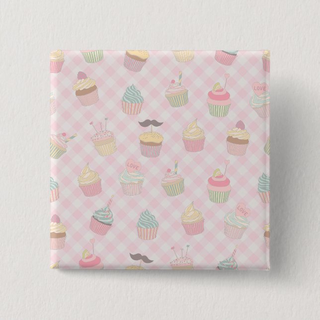 Pastel Pink Gingham Cute Cupcakes Pattern Knapp (Framsida)