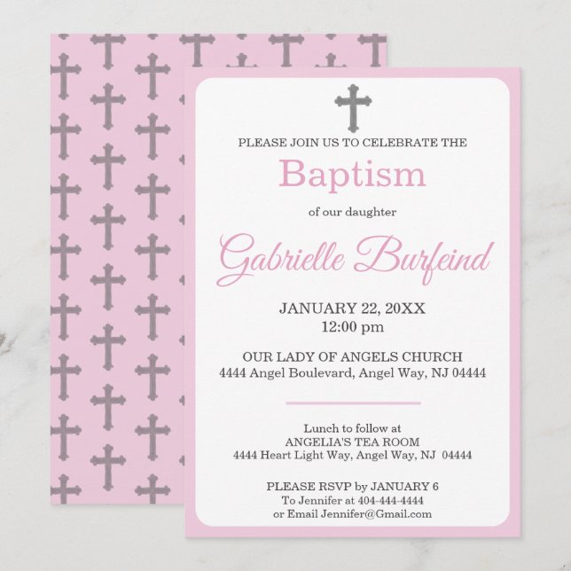 Pastel Pink & Gray Cross Watercolor Baptism Inbjudningar (Fram/baksida)