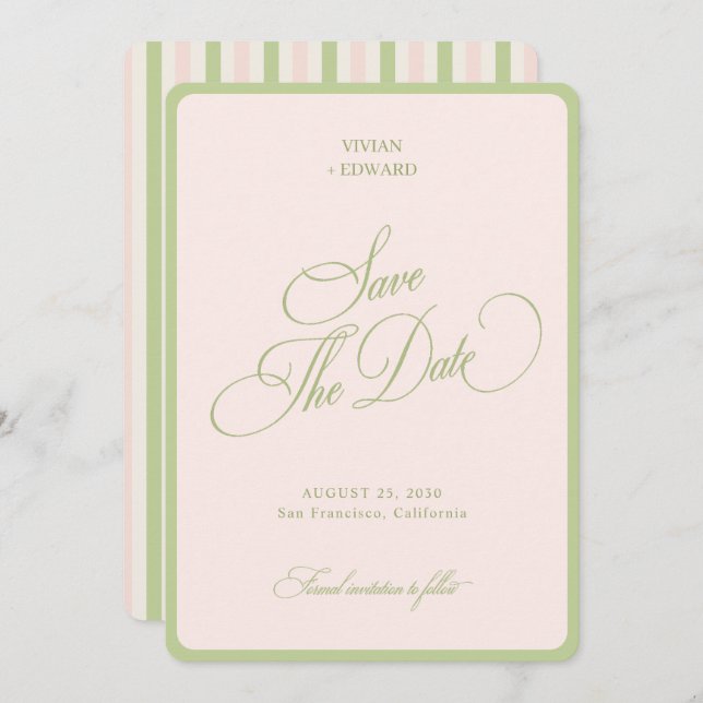 Pastel Pink & Green Stripes Border Retro Wedding Spara Datumet (Fram/baksida)