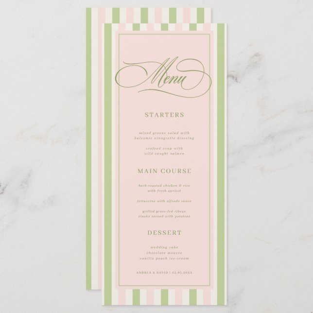 Pastel Pink & Green Stripes Retro Wedding Menu Meny (Fram/baksida)