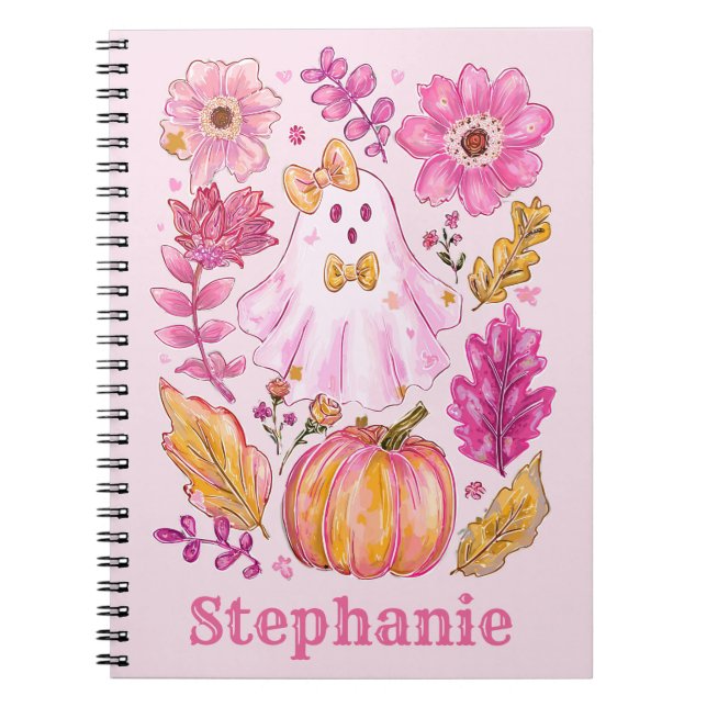 Pastel Pink Halloween Ghost with Custom Name Anteckningsbok (Framsidan)