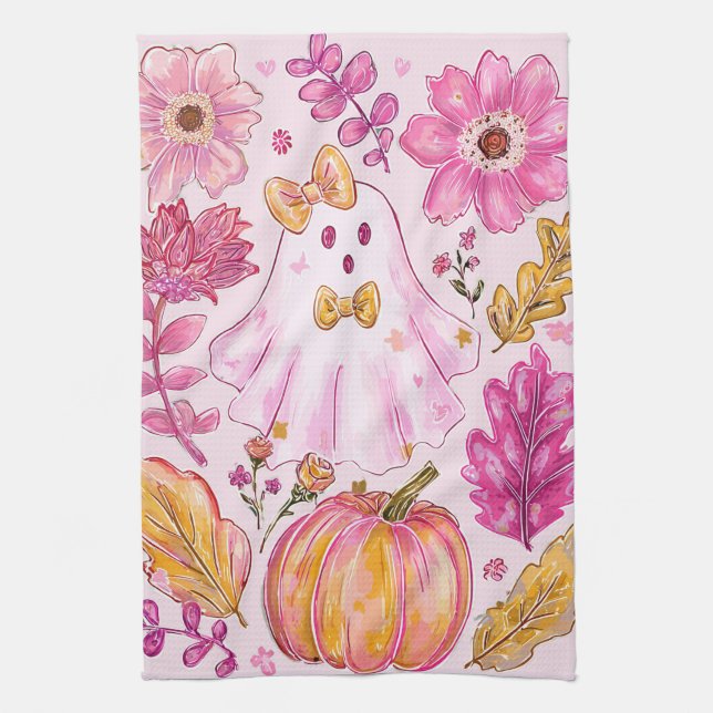 Pastel Pink Halloween Ghost with Flowers and Pumpk Kökshandduk (Vertikal)