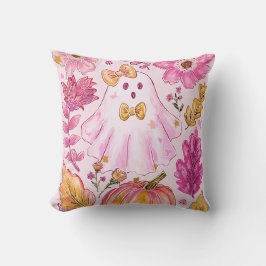Pastel Pink Halloween Ghost with Flowers and Pumpk Kudde