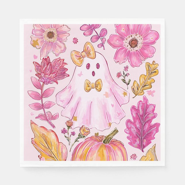 Pastel Pink Halloween Ghost with Flowers and Pumpk Pappersservett (Framsidan)