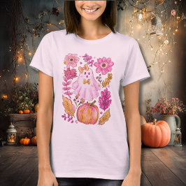 Pastel Pink Halloween Ghost with Flowers and Pumpk T Shirt