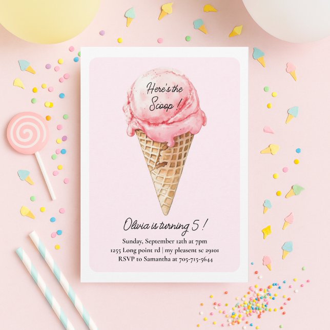 Pastel Pink Ice Cream Cone Birthday Party  Inbjudningar (Skapare uppladdad)