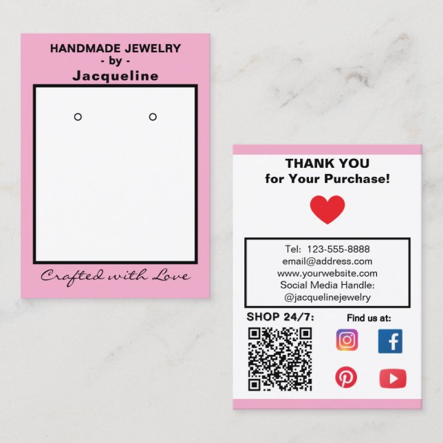 Pastel Pink Jewelry Earrings Social QR Code Visitkort (Fram/baksida)