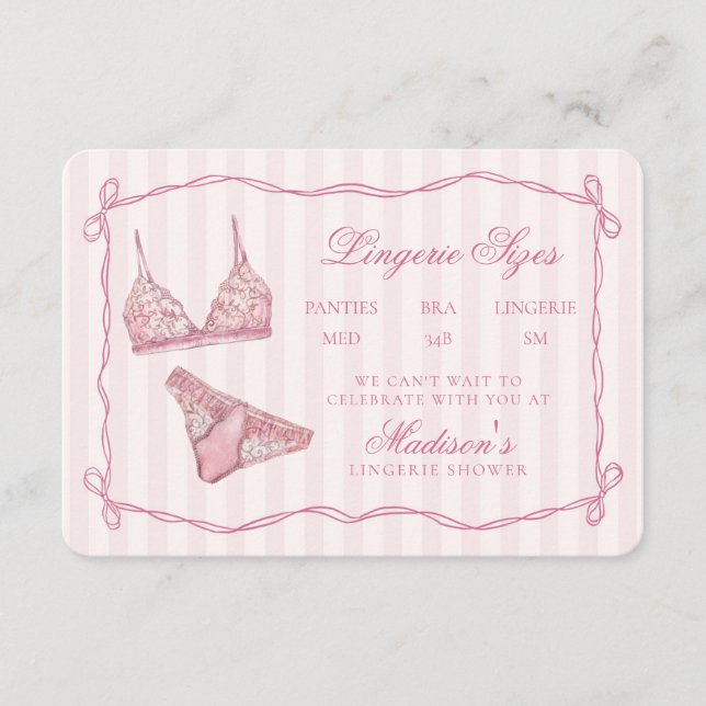Pastel Pink Lingerie Sizes Shower Bow Tilläggskort (Framsida)