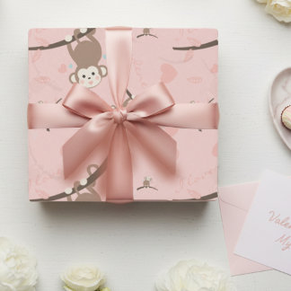 Pastel Pink Monkey Valentine Wrapping Paper  Presentpapper