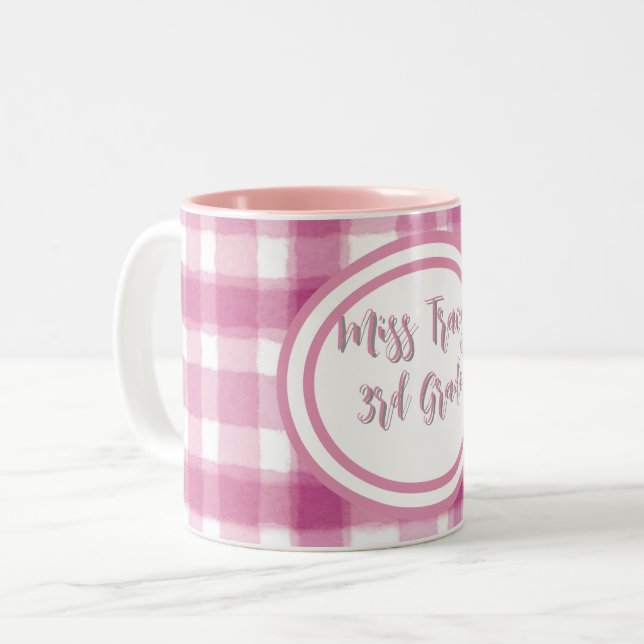 Pastel Pink Plaid Custom  Två-Tonad Mugg (Framsida vänster)
