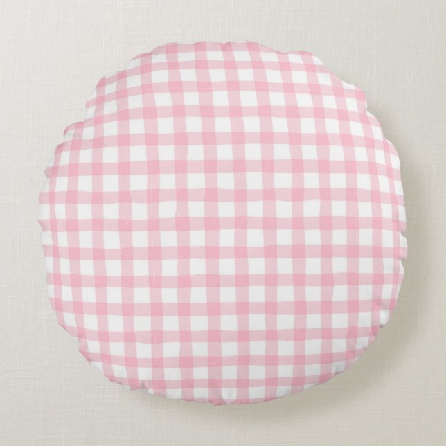 Pastel Pink Plaid – Soft Aesthetic Seamless Rund Kudde (Framsidan)