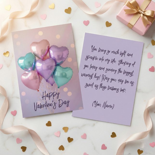 Pastel Pink Purple Heart Balloons Valentine's Day Julkort (Skapare uppladdad)