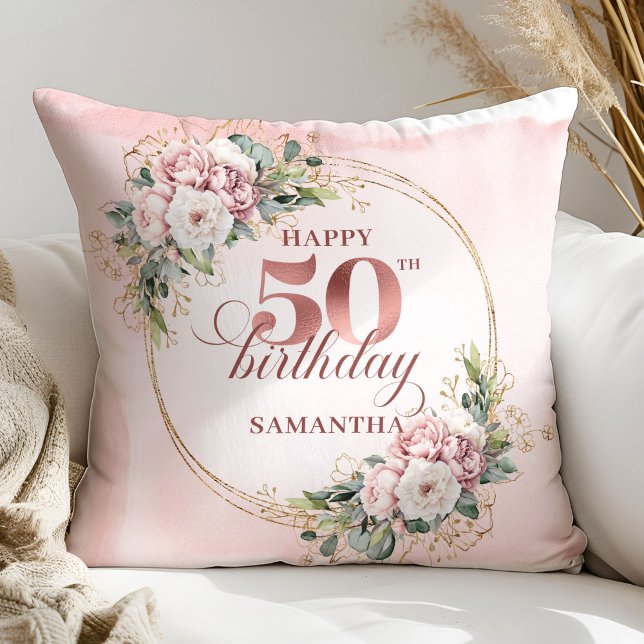 Pastel Pink Rose Gold Greenery 50th Birthday Gift Kudde (Pastel Pink Rose Gold Greenery 50th Birthday Pillow Gift)