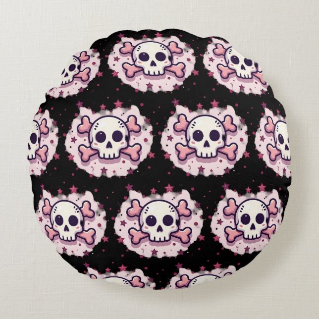 Pastel Pink Skull and Crossbones Rund Kudde (Framsidan)