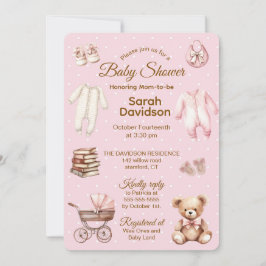 Pastel Pink Teddy Bear Clothes & Gifts-Baby Shower Inbjudningar