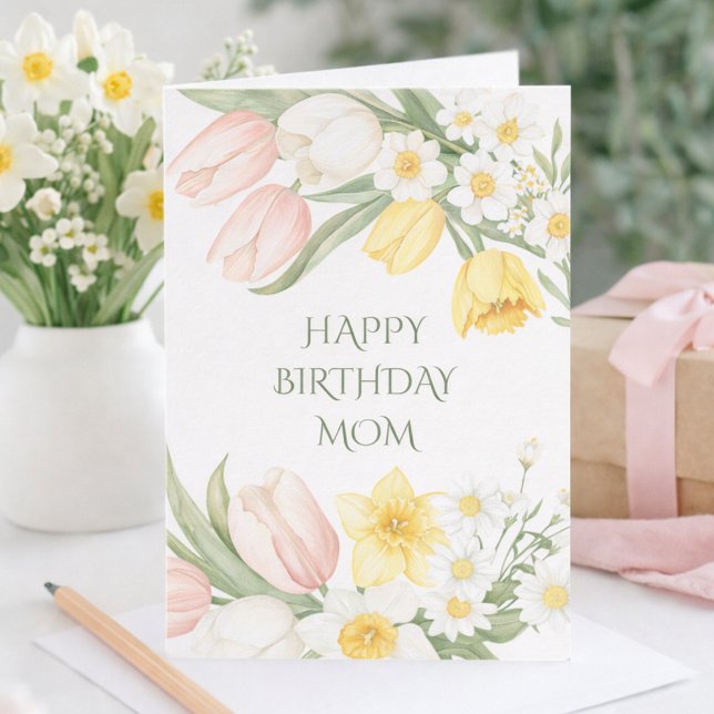 Pastel Pink Tulips Daffodils Floral Birthday Card Kort (Skapare uppladdad)