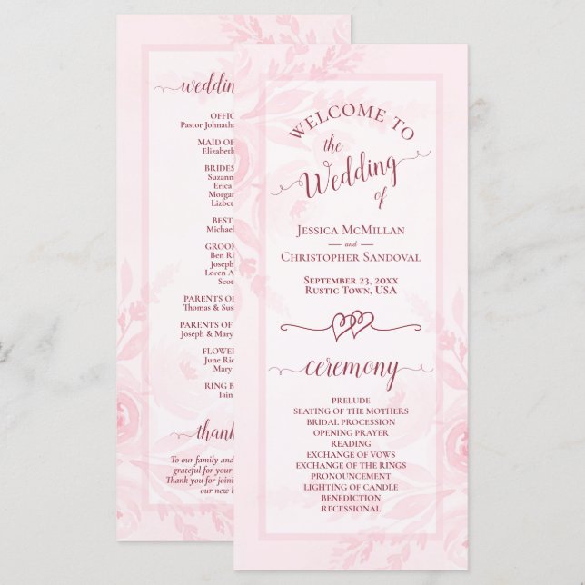Pastel Pink Watercolor Peonies Elegant Wedding Program (Fram/baksida)