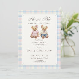 Pastel Plaid Teddy Bear Gender Reveal Baby Shower Inbjudningar