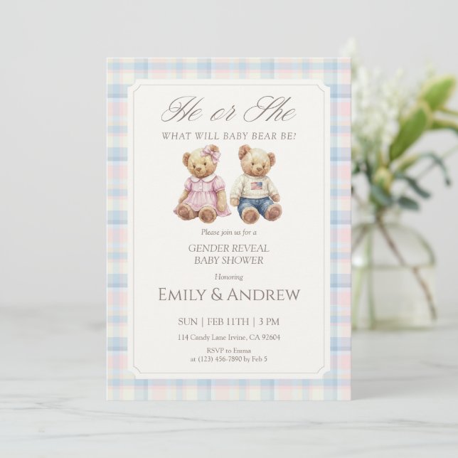 Pastel Plaid Teddy Bear Gender Reveal Baby Shower Inbjudningar (Stående Fram)