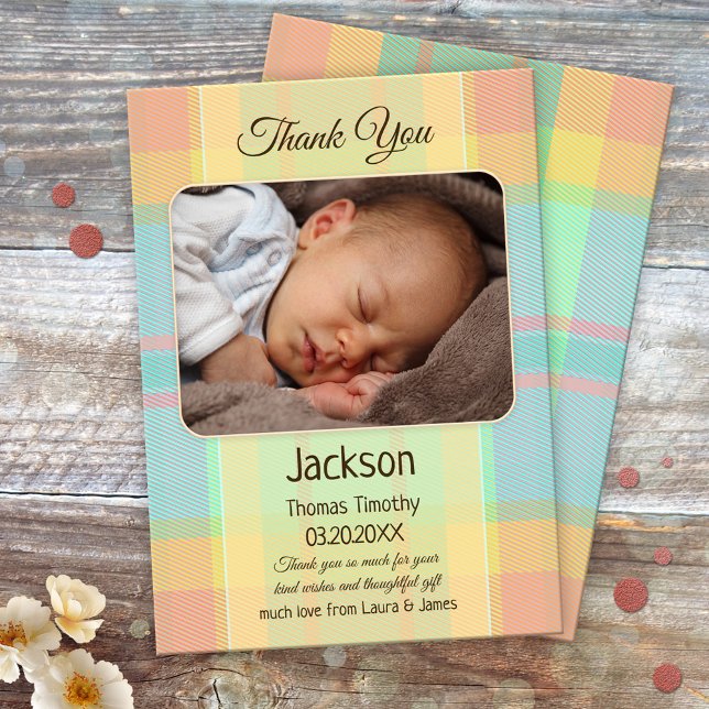 Pastel Play Baby Photo - tackkort Tack Kort (Gender neutral baby Thank You card with a photo of your own baby on a multicolored pastel plaid)