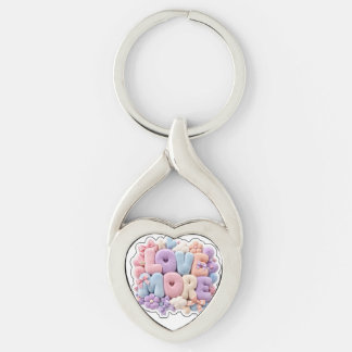 Pastel Plysch "ÄLSKA MER" 3D Twisted Heart Silverfärgad Nyckelring