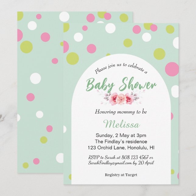 Pastel polka dots baby shower inbjudningar (Fram/baksida)