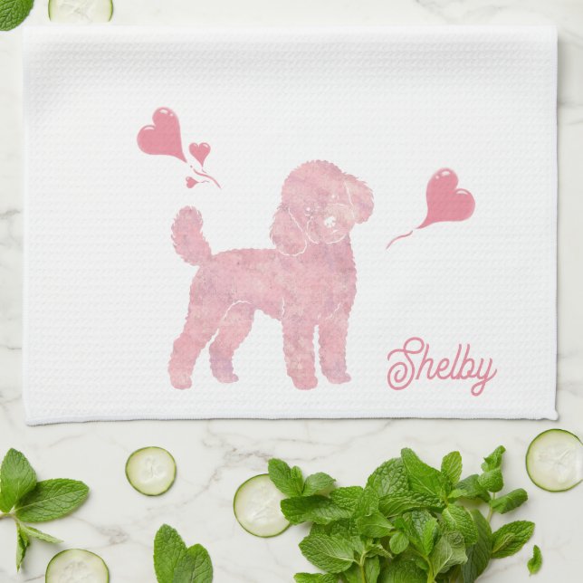 Pastel Poodle Silhouette Valentine Custom Name Kökshandduk (Vikta)