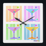 PASTEL POP ART MARTINIS FYRKANTIG KLOCKA<br><div class="desc">Fyra Roligtar,  färglöst poppgrafik Martinis med regnbågsfärg mot en stil-pastel i 50 konst i en klassisk popkonsfyrkant. Utnyttja anpassningsfunktionerna för att anpassa ditt köp med egen text eller egna foton!</div>