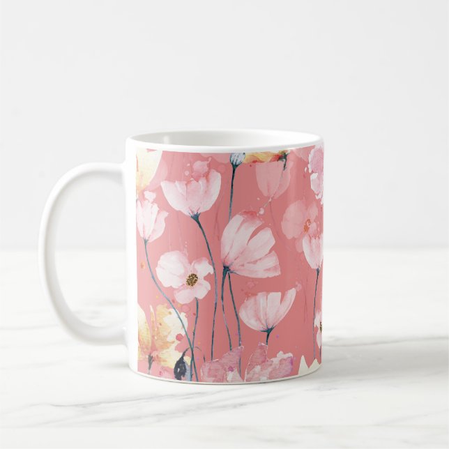 Pastel Poppies: Blommigt med vattenfärg Sömlös. Kaffemugg (Vänster)