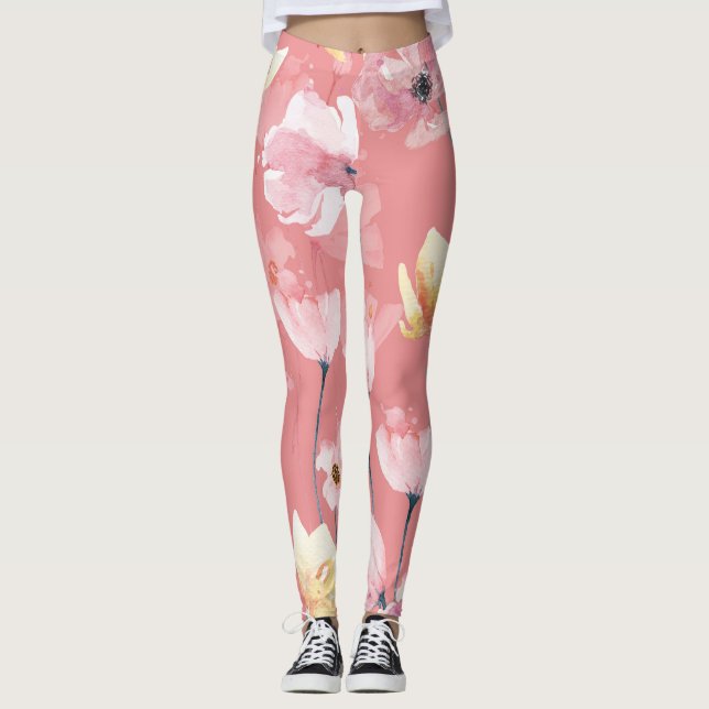 Pastel Poppies: Blommigt med vattenfärg Sömlös. Leggings (Framsida)