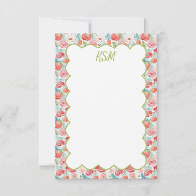 Pastel Poppies Monogram Stationery Tack Kort (Framsida)